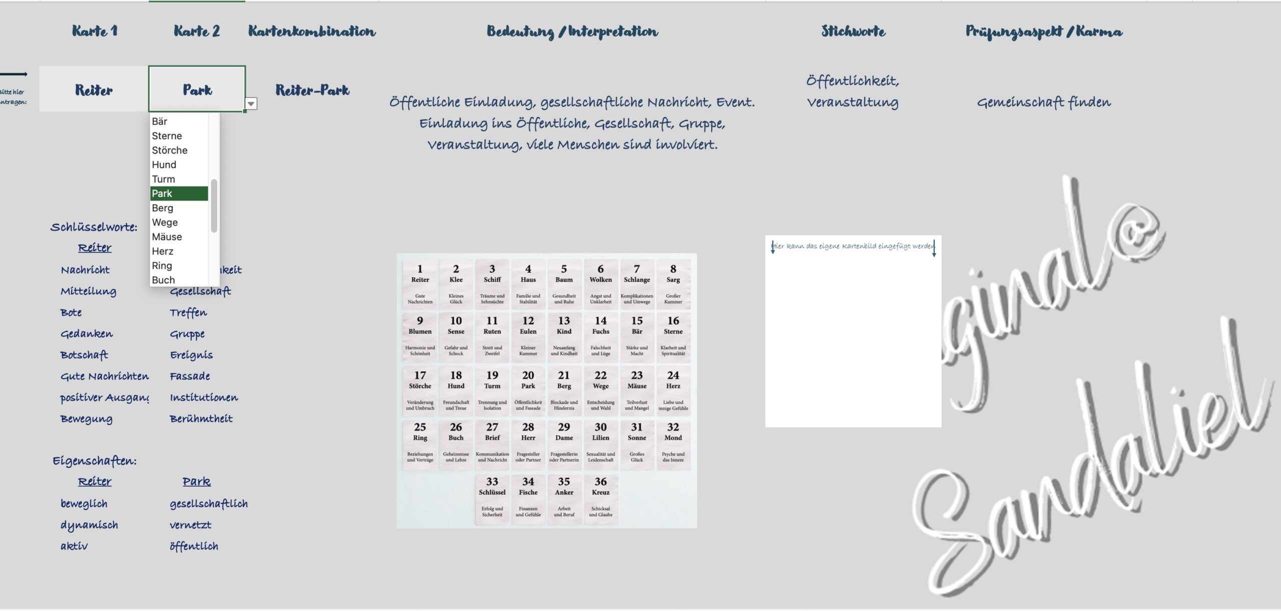 Interaktive Excel-Datei – Lenormand Kombinationstool | Kartenbedeutungen & Deutungshilfe zum Download – Bild 3