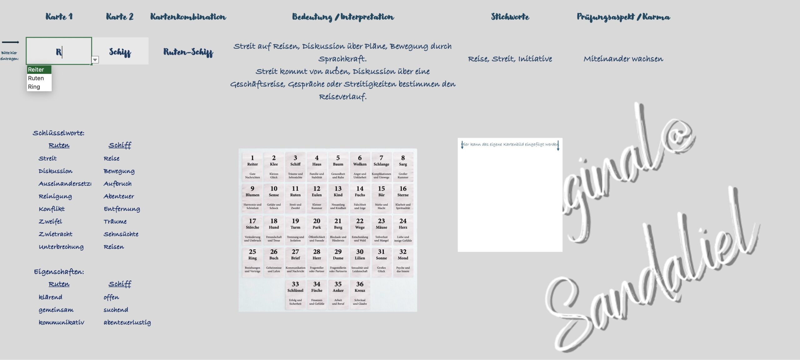 Interaktive Excel-Datei – Lenormand Kombinationstool | Kartenbedeutungen & Deutungshilfe zum Download – Bild 2