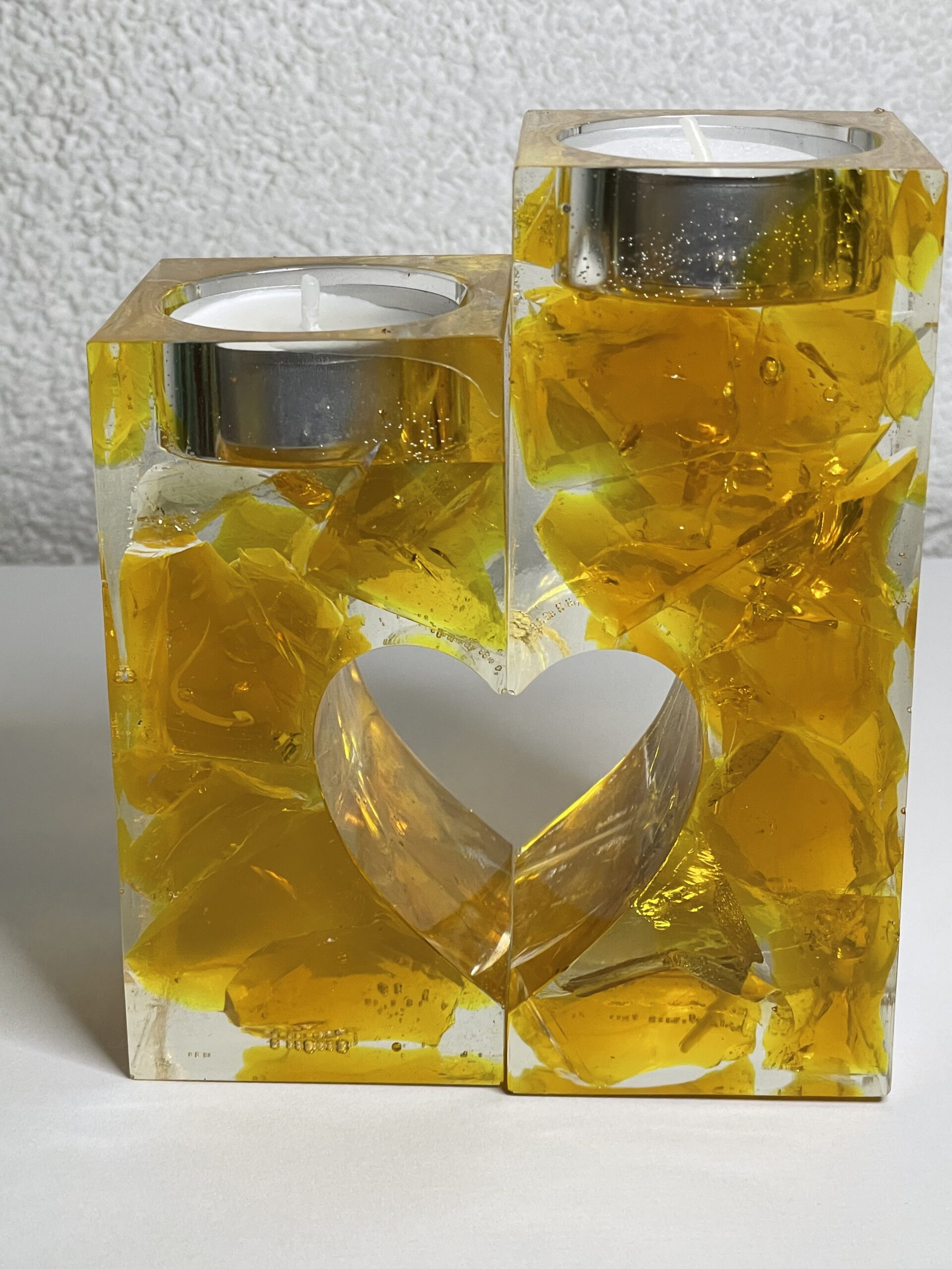 Selfmade 2 tlg. Teelicht aus Epoxidharz & Dallglas – Unikat, Wohnaccessoire, Geschenkidee gelb