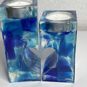 Selfmade 2 tlg. Teelicht aus Epoxidharz & Dallglas – Unikat, Wohnaccessoire, Geschenkidee dunkel/hellblau