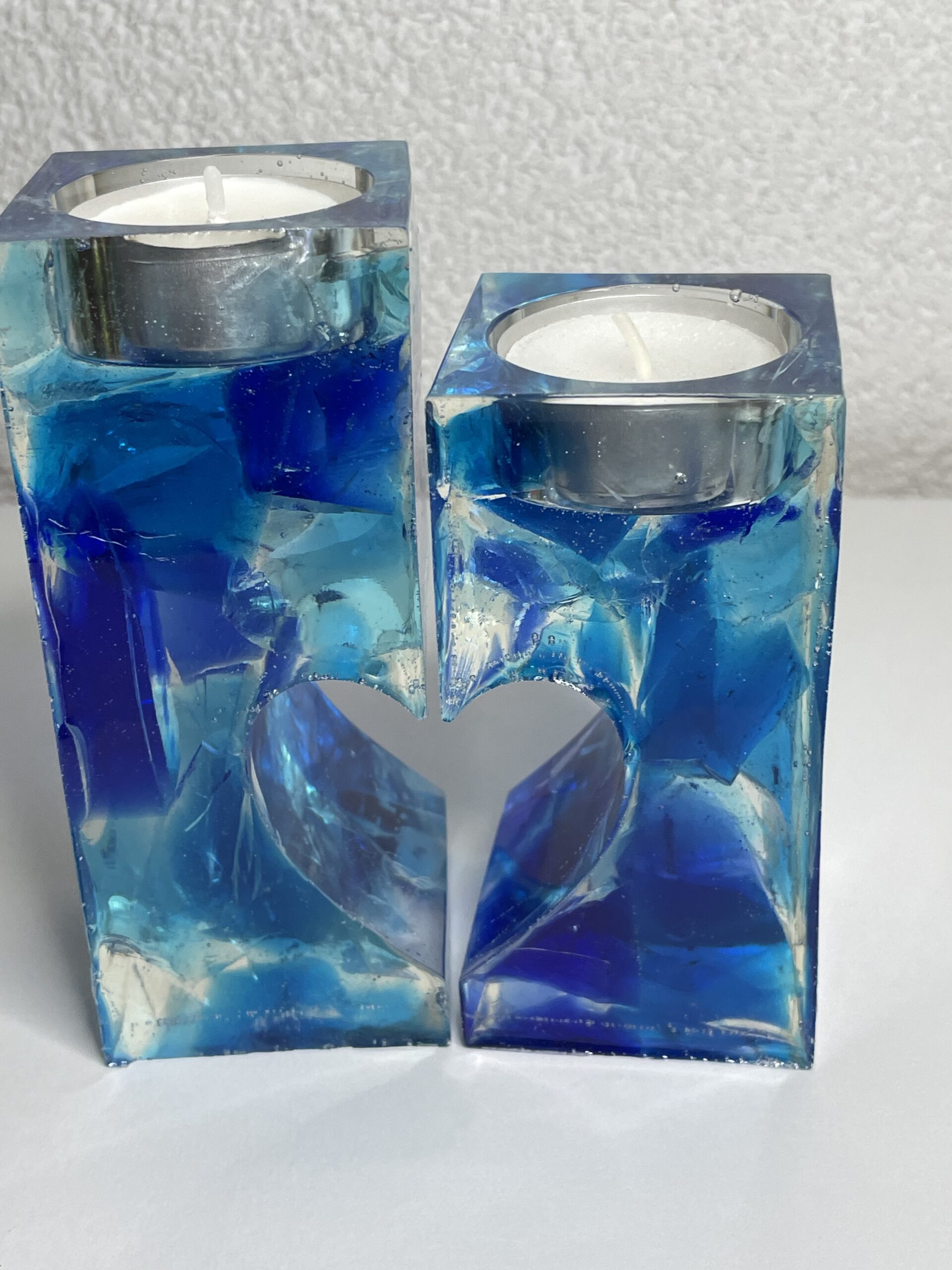 Selfmade 2 tlg. Teelicht aus Epoxidharz & Dallglas – Unikat, Wohnaccessoire, Geschenkidee dunkel/hellblau