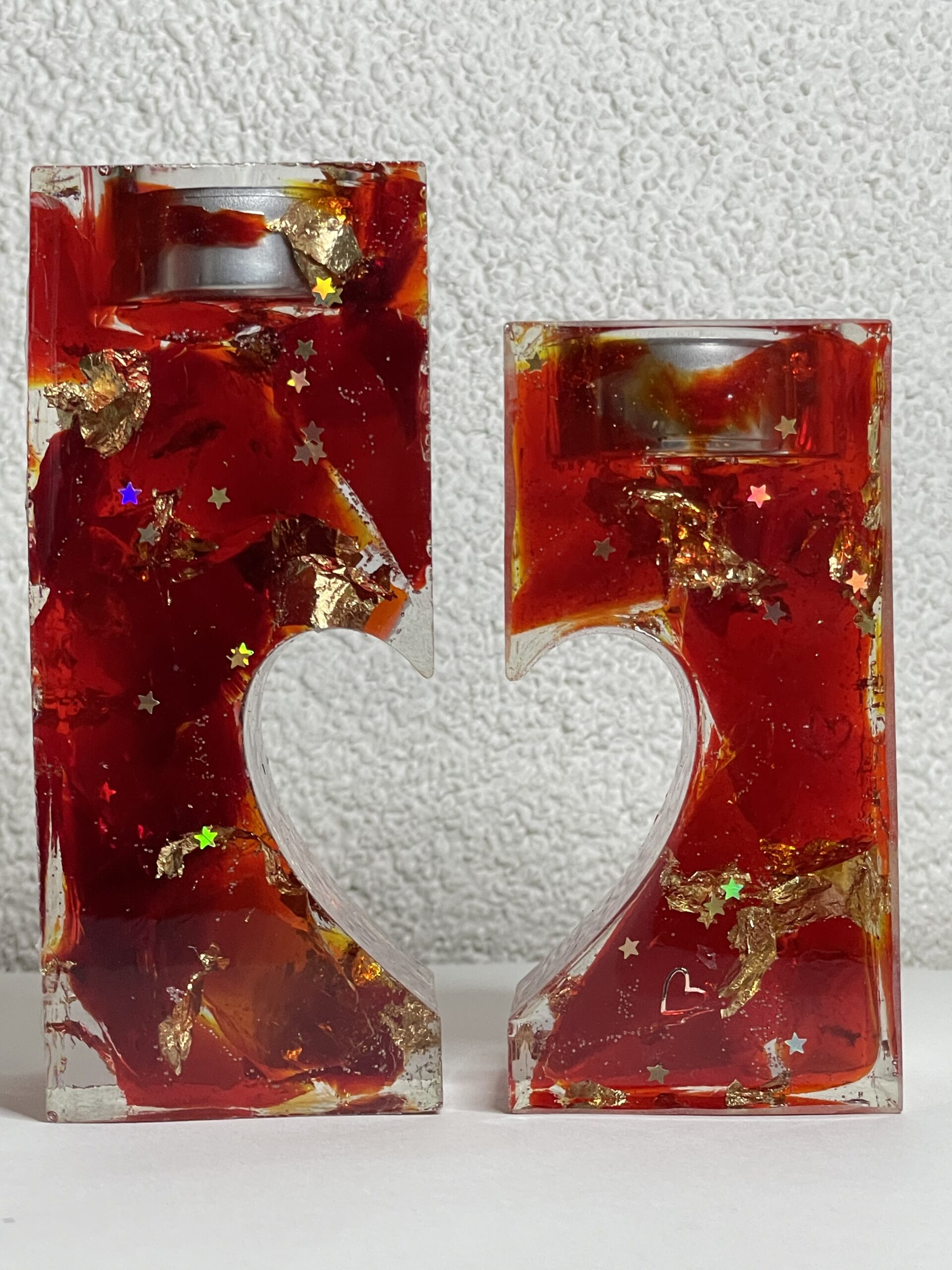 Selfmade 2 tlg. Teelicht aus Epoxidharz & Dallglas – Unikat, Wohnaccessoire, Geschenkidee rot/gold – Bild 3