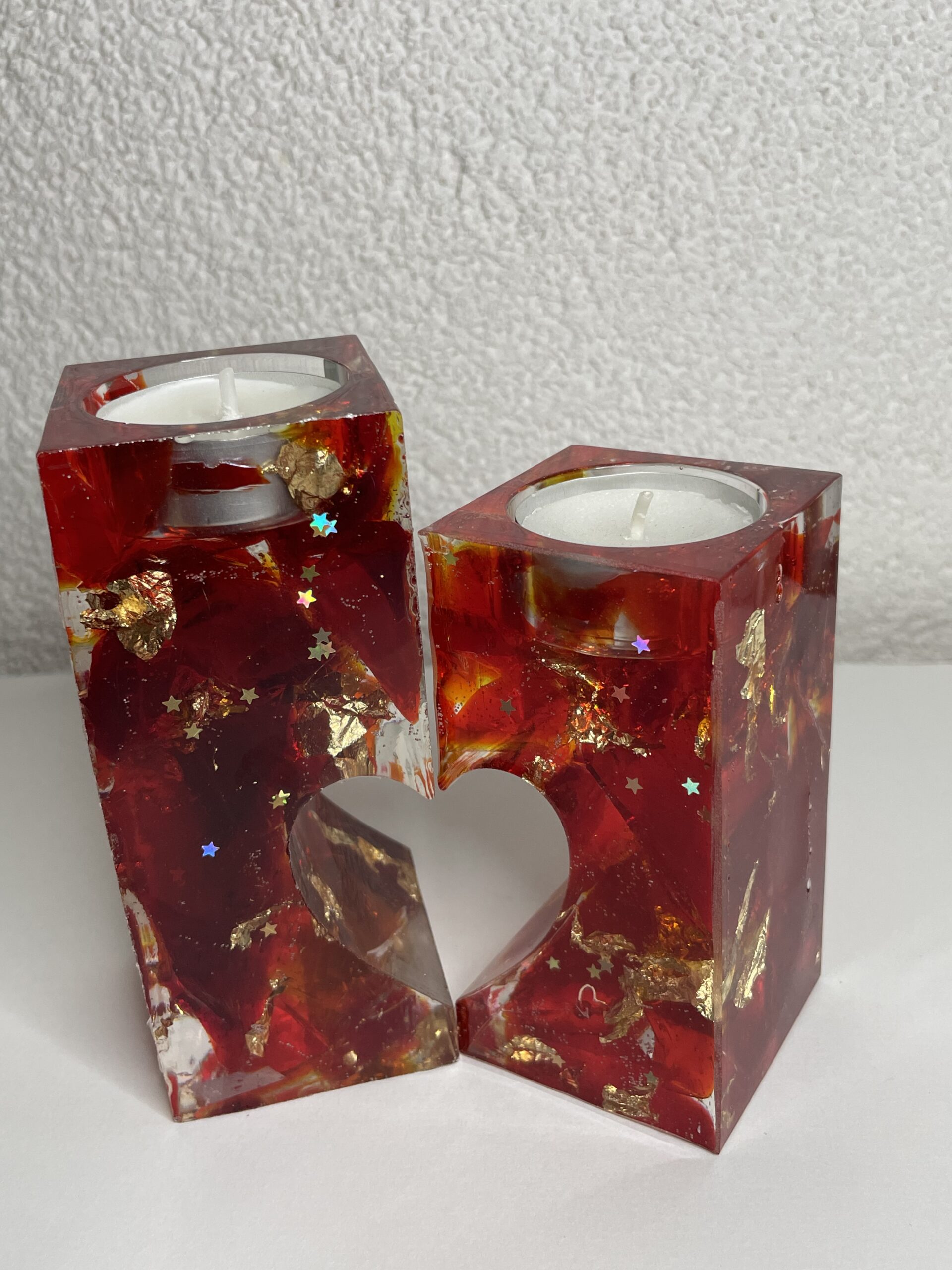 Selfmade 2 tlg. Teelicht aus Epoxidharz & Dallglas – Unikat, Wohnaccessoire, Geschenkidee rot/gold – Bild 4