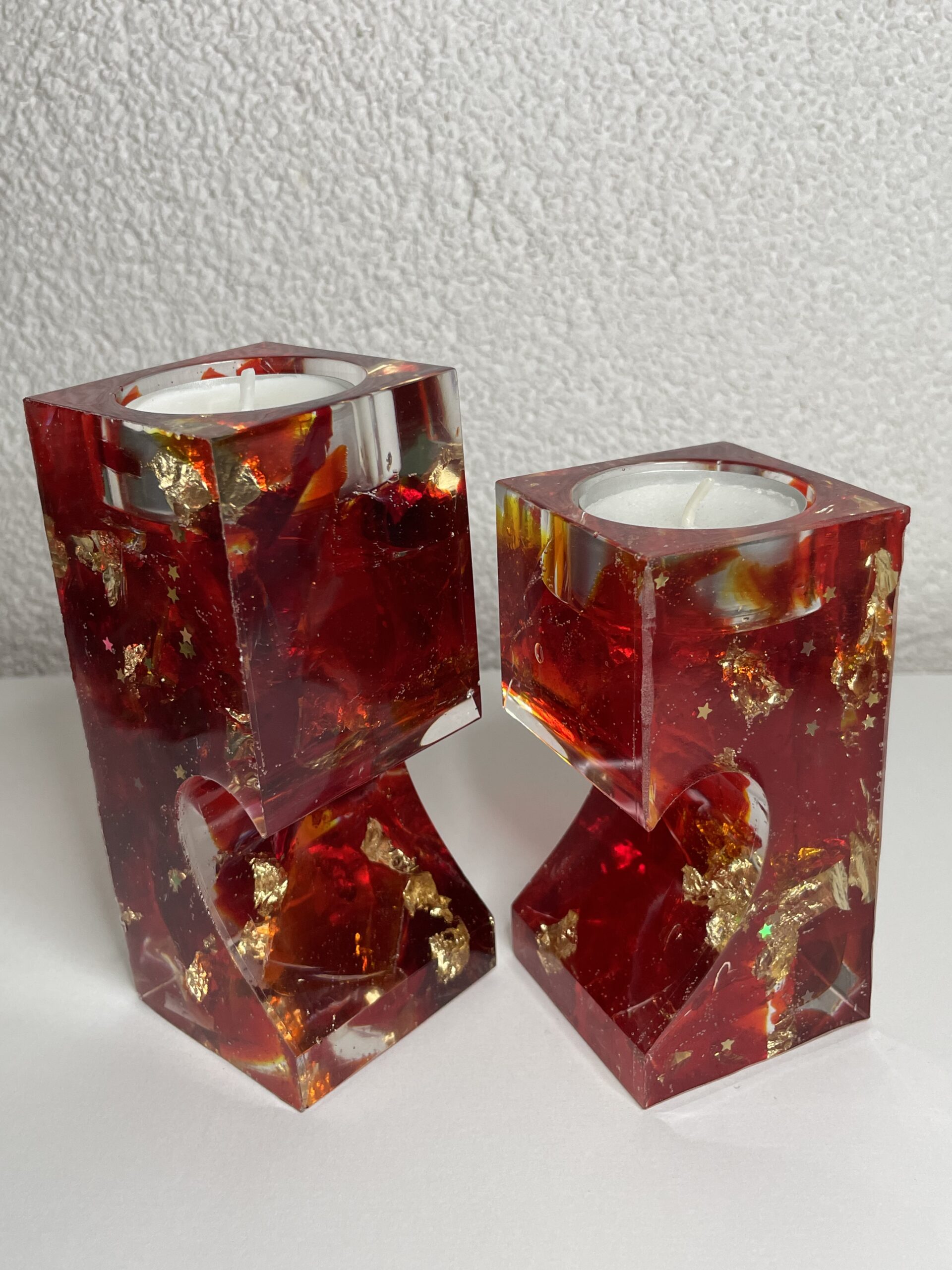 Selfmade 2 tlg. Teelicht aus Epoxidharz & Dallglas – Unikat, Wohnaccessoire, Geschenkidee rot/gold – Bild 5