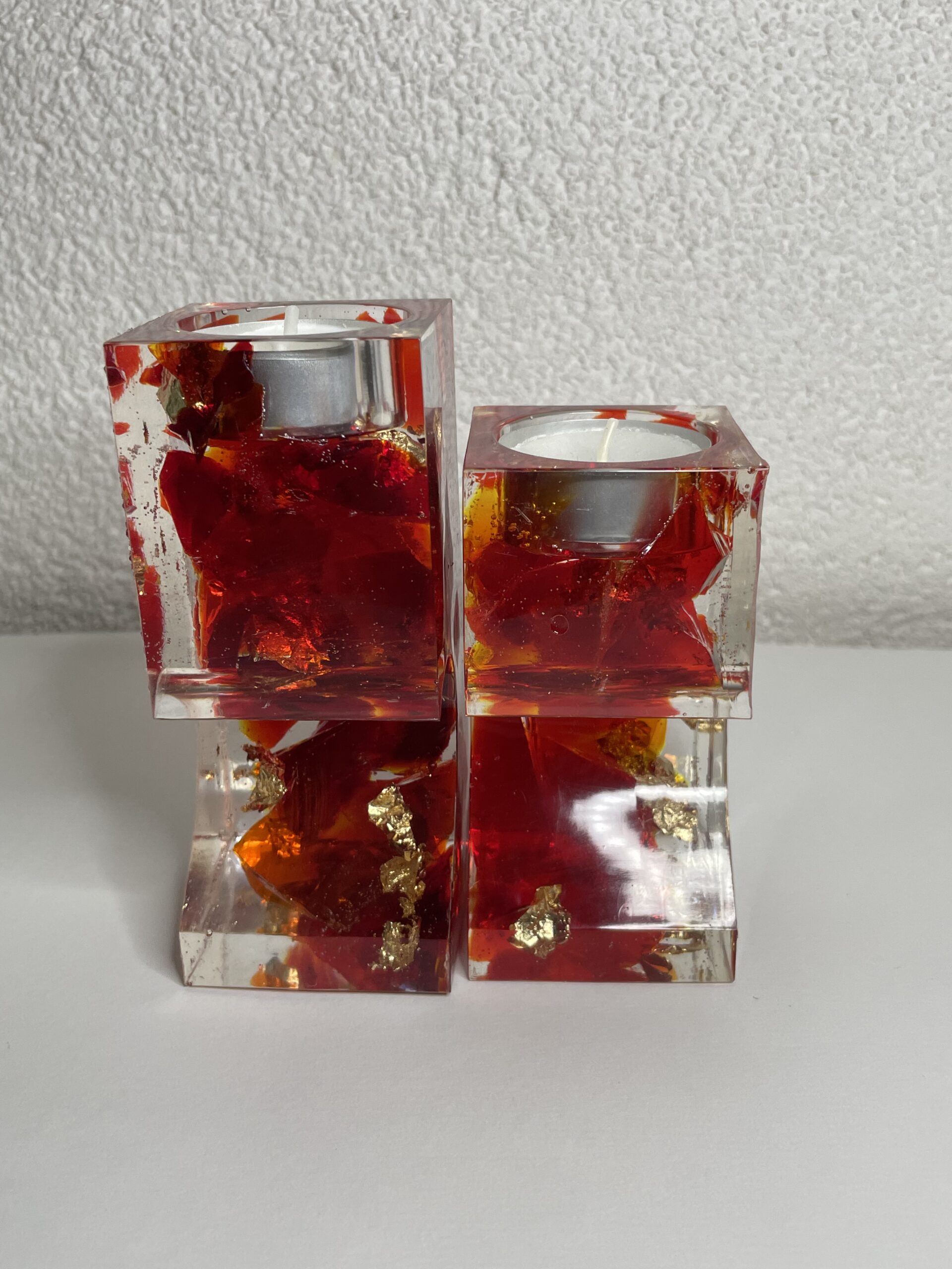Selfmade 2 tlg. Teelicht aus Epoxidharz & Dallglas – Unikat, Wohnaccessoire, Geschenkidee rot/gold – Bild 6