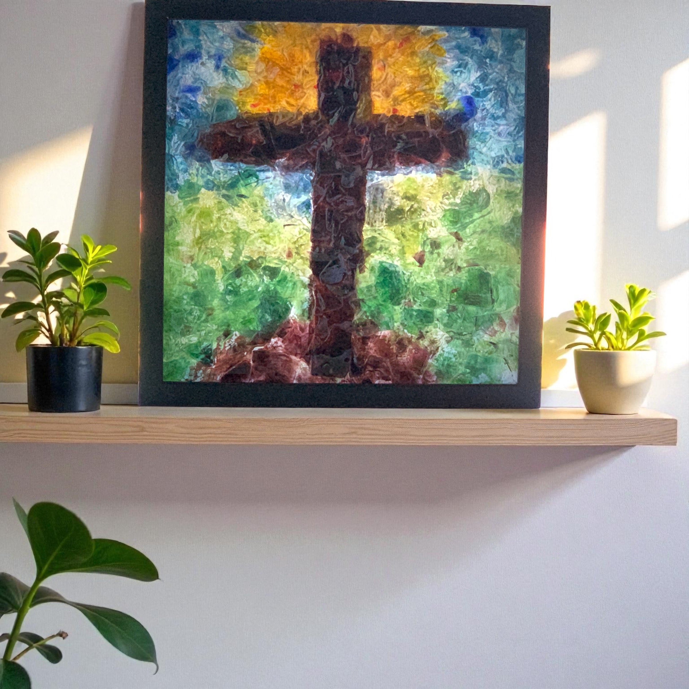Handgemachtes Bild Kreuz-Jesu aus Epoxidharz & und bunten Glas – Unikat, Geschenk individuelles Design und stimmungsvolle Deko